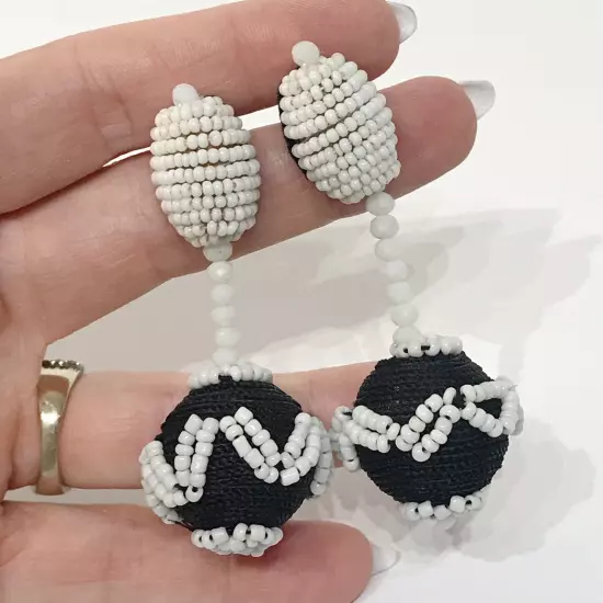 ZARA Tribal Drop Oversized Statement Beaded Ball Black White Boho Drop Earrings