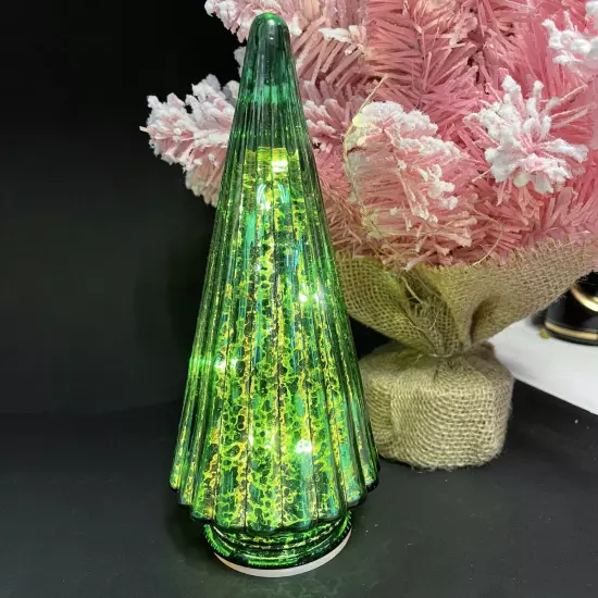 Christmas Mercury Pleated Glass Tabletop Light Up Tree Figurine Table Lamp Decor