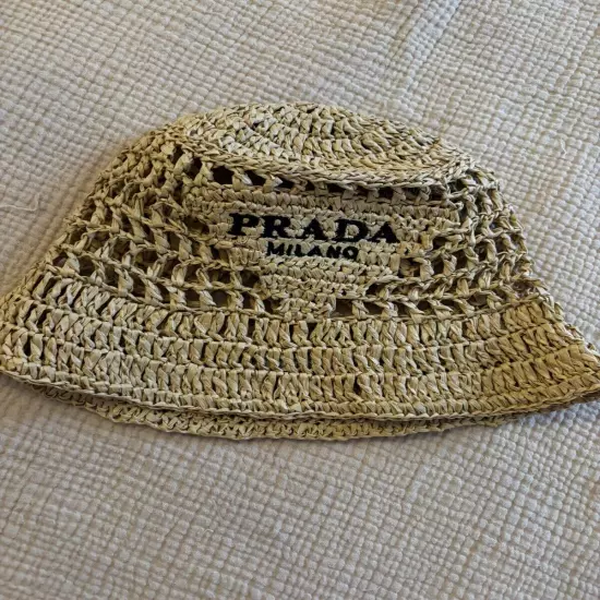 PRADA Beige Natural Crochet Bucket Hat Small