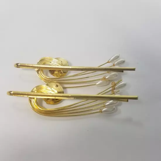 Vintage Faux Pearl Gold Tone Leaf Rhinestone Hair Clips