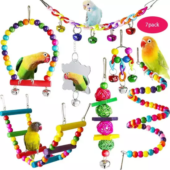 Bird Toy Wood Parrot Toys Set Cage Bird Swing Suspension Bridge Ball Cage Bells