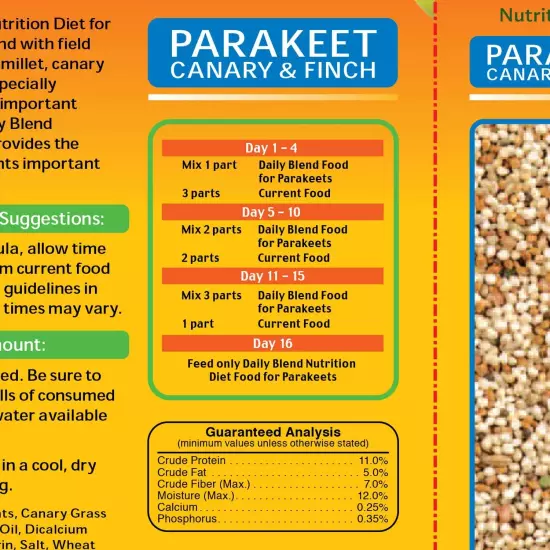 Daily Blend Nutrition Diet for Parakeet, Canary & Finch, Orange Essence, 5 lbs.