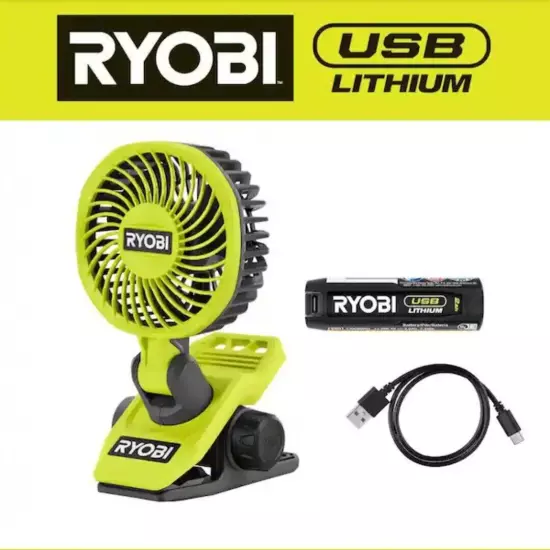 Ryobi USB Lithium Clamp Fan Kit With 2.0 Ah USB Lithium Battery And Charge Cord