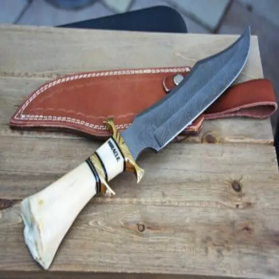 BOWIE Hunting Knife Custom Made Damascus Steel Hunting Knife Camel Bone Handle