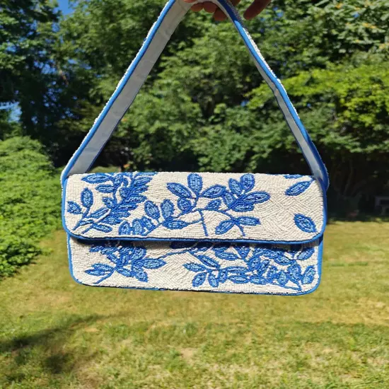 Handmade Blue White Floral Beaded Shoulder Bag