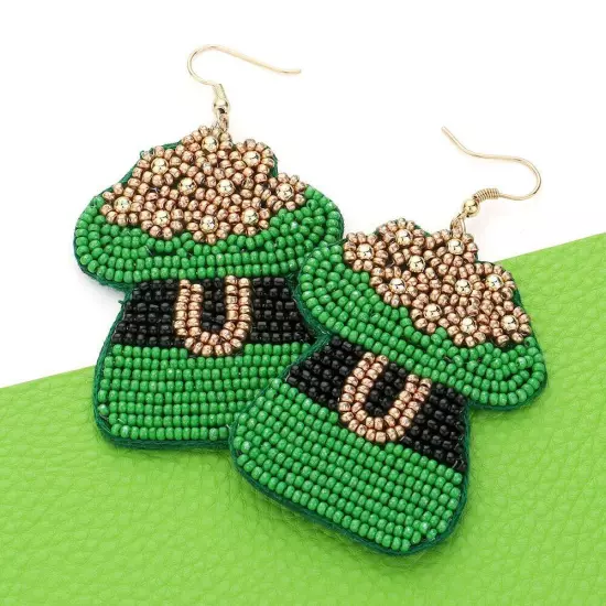 Green Felt Back St Patricks Leprechaun Hat Beaded Dangle Earrings