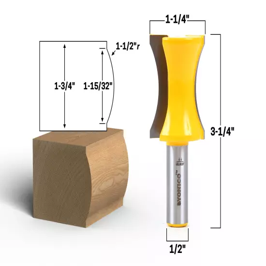 1-1/2" Radius Convex Convex Edge Router Bit - 1/2" Shank - Yonico 13132