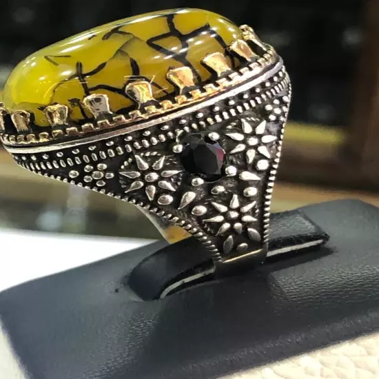 Men Silver Ring 925 Sterling Yemen Aqeeq Agate خاتم عقيق يمني شجري مصور حبة فحل