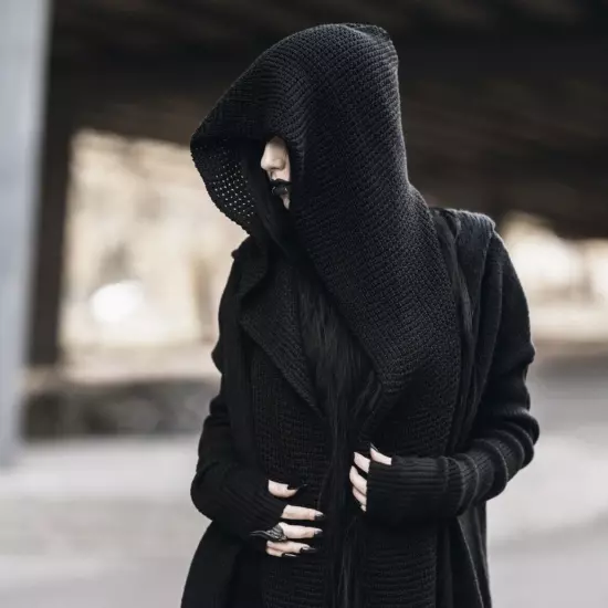 Killstar Helsinki Hooded Scarf Black Knit Long 