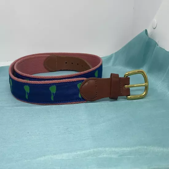 Men’s sz 40 belt Leather Man Ltd blue canvas and leather handcrafted graphic