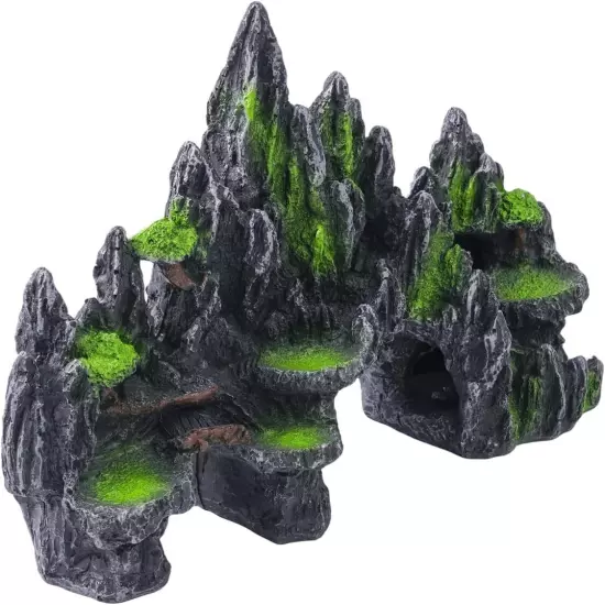 Mountain View Aquarium Ornament with Tree House Cave Bridge Resin