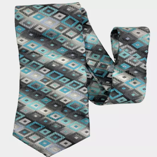 Croft & Barrow Teal Silver Gray Geometric Silk Necktie Tie Men's 3.5" x 58"