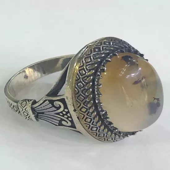 Agate Ring Men Silver 925,Yemen,Aqeeq,Rare,Royal,Luxuryخاتم عقيق يمني طحلبي