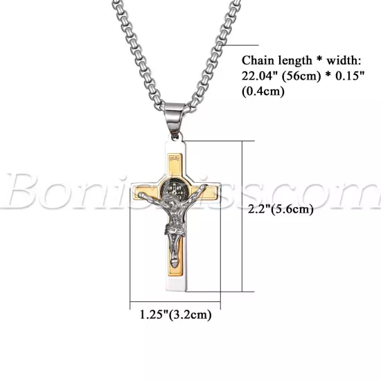 Mens Stainless Steel Saint St Benedict Jesus Crucifix Cross Pendant Necklace 22"