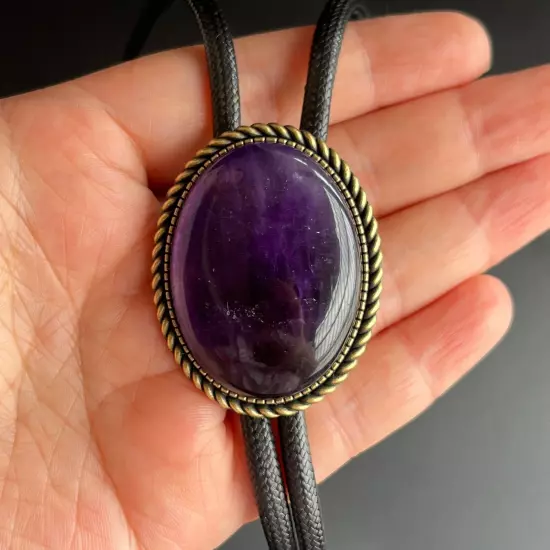 Natural Amethyst Stone Mens Bolo Tie Cowboy Vintage Alloy Waxed Rope Wedding