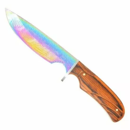 BUCKSHOT RAINBOW FULL TANG HUNTING KNIFE W/ ETCHED DESIGN AND WOOD HANDLE 10"