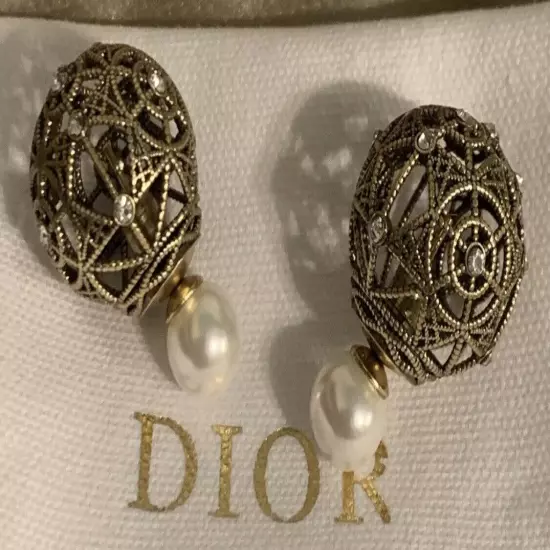 Christian Dior Cannage Caged Crystal Gunmetal Earrings Globe Tribal Tribales