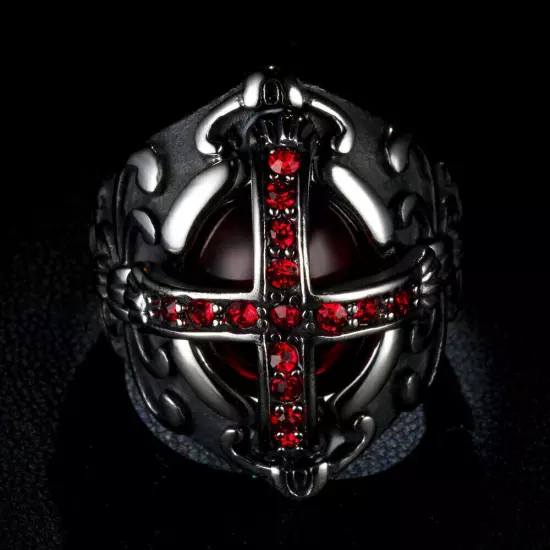 Gothic Cross Vampire Red CZ Blood Ring Stainless Steel Men Crusaders Biker Ring