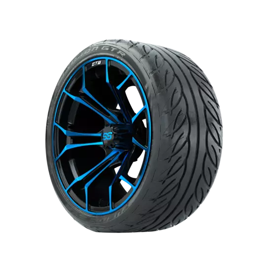 Set of 4 GTW 15" Spyder Blue/Black Golf Cart Wheels on 22" Fusion Street Tires