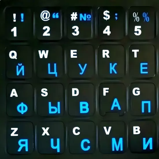 RUSSIAN LETTERS KEYBOARD BLACK STICKERS ( BLUE ) + ENGLISH AUSSIE STOCK