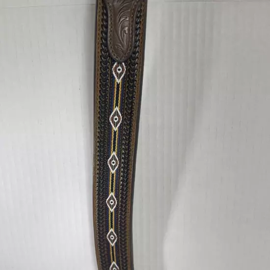 “3D Leather Belt with Embroidered Pattern and Braided Trim” Size 34