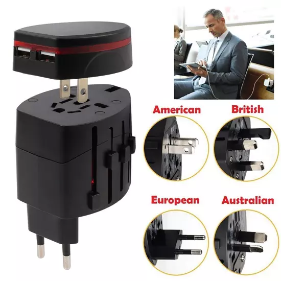 World Wide Travel Adapter UK EU AU US Universal Multi Plugs Charger 2 USB Ports