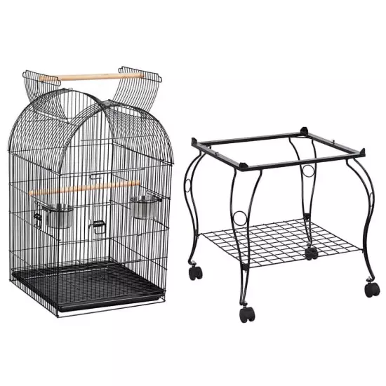 Metal Rolling Bird Cage with 2 Feeders and 2 Wooden Perches, Black