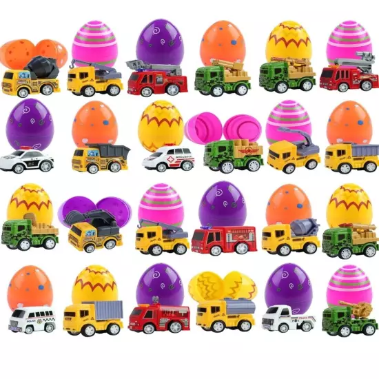 24 Pcs Filled Easter Eggs with Pull Back Construction Cars, Easter Eggs with...