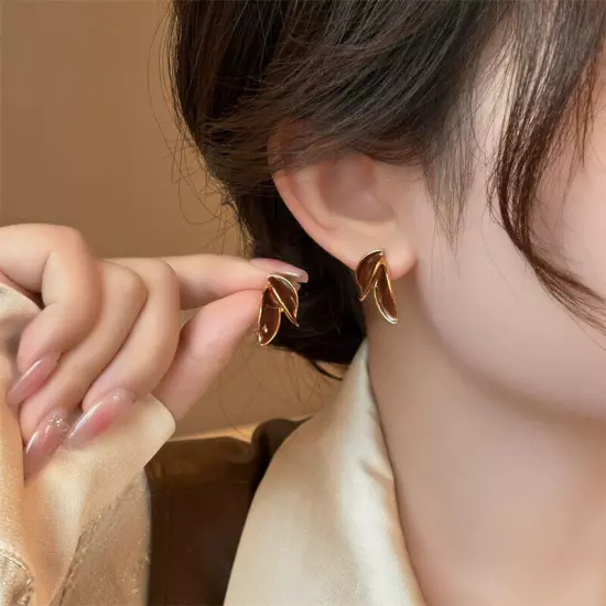 Vintage Enamel Brown Fallen Leaves Stud Earrings For Women Girls Fashion Korean