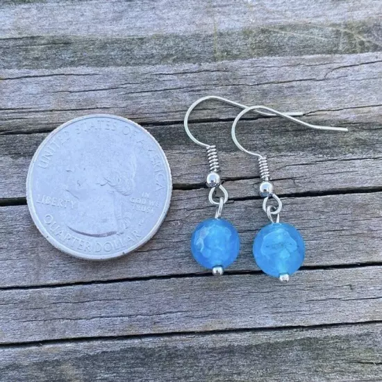 Turquoise Blue glass bead drop earrings 8 mm faceted ball bead