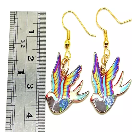 Colorful Enamel SWALLOW Birds Tattoo Style Dangle Drop Earrings Stainless Hooks