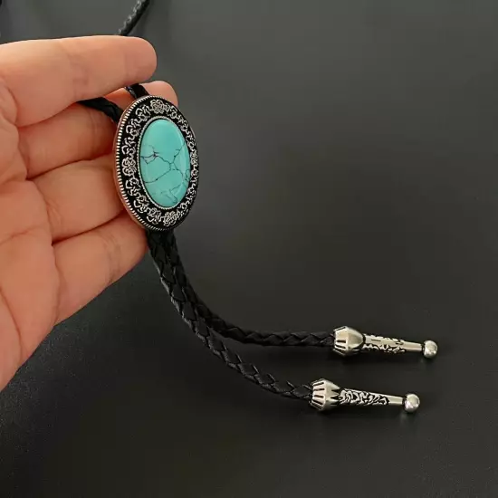 Natural Turquois Bolo Tie Western Carved Pattern Alloy PU Rope Wedding Necklace