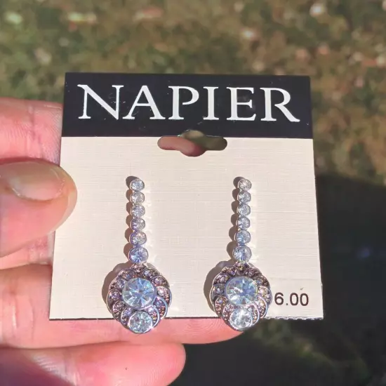 NAPIER 1" Silver Tone Clear Dangle Post Earrings 