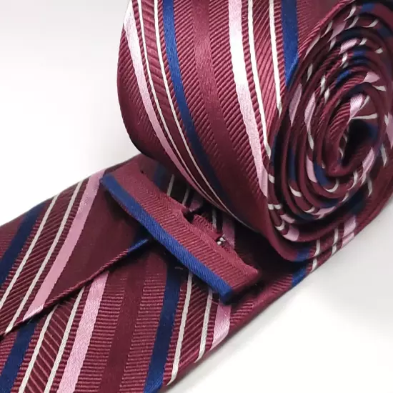 FORSYTH Handmade Silk Tie 61" Long Burgundy Red Pink Blue Striped Necktie NEW