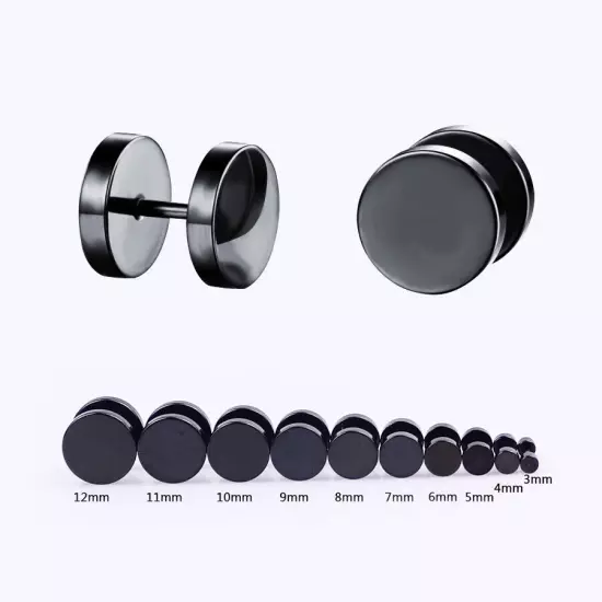 Pair Black Flat Round Barbell Plug Stud Earrings GYM MENS Stainless Steel 3-14MM