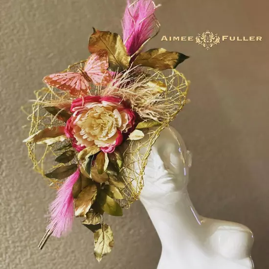 Aimee Fuller Kentucky Derby Hat Ascot Fascinator Gold Pink White Rose Del Mar