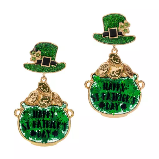 Green Happy St Patricks Day Message Clover Hat Dangle Earrings