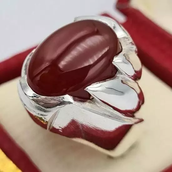 Yemeni Akik Ring - Mens Aqeeq Carnelian Agate Silver Bague