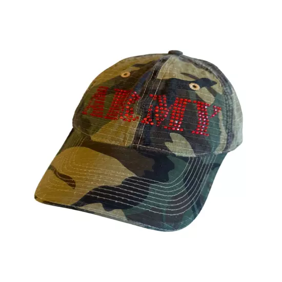 Army Camouflage Baseball Cap With Red Rhinestone Embellishment - Ladies Adjustab