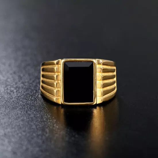 Classic Men's Black Stone Wedding Ring Stainless Steel Gold Plated Band Ring