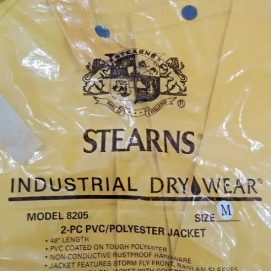 Stearns Safety Yellow Waterproof Detachable Hood Medium 2PC PVC Rain Jacket NEW