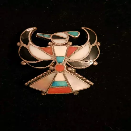 VTG SW Sterling Silver Thunderbird Bolo Tie Inlaid Turquoise Coral Onyx Bennett