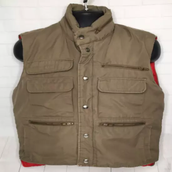 Sears Fieldmaster Hunting Fishing Lined Vest Hideaway Hood Tan Red Mens Med Vtg