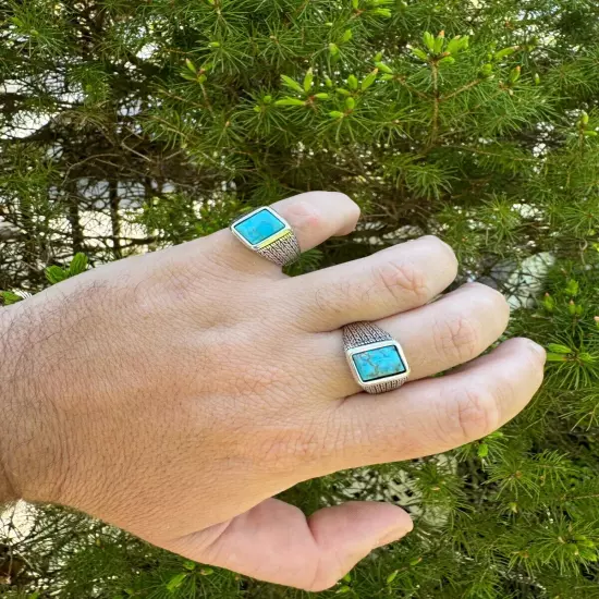 Blue Turquoise Mens Real Solid 925 Silver Navajo Native American Inspired Ring