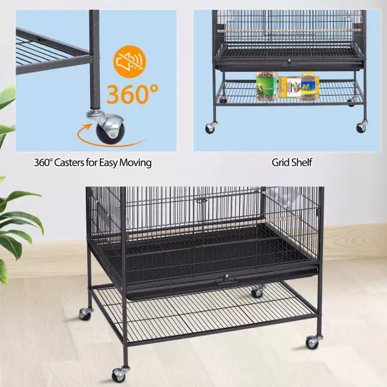 Black Large Rolling Metal Bird Cage Parakeet Cockatiel Cage with Draw-out Tray