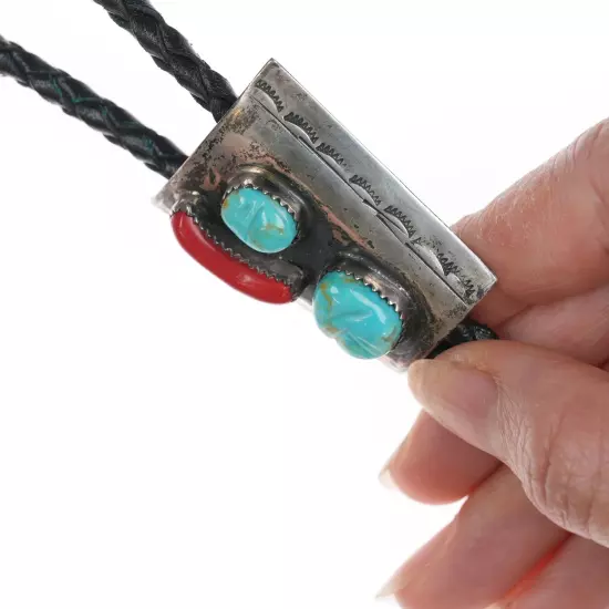 Vintage Zuni Carved turquoise and coral silver bolo tie