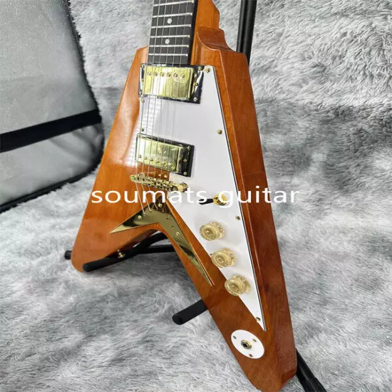 Natural Flying V Electric Guitar Accessories Mahogany Neck Gold Hardware