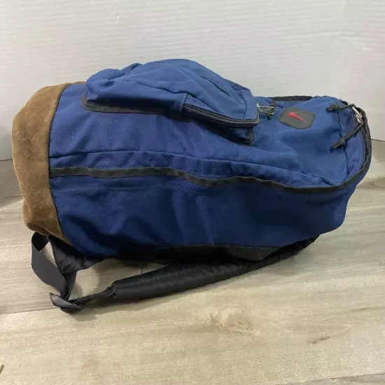 Vintage 90s Leather Suede Bottom Nike Bubble Swoosh Logo Backpack Blue Korea