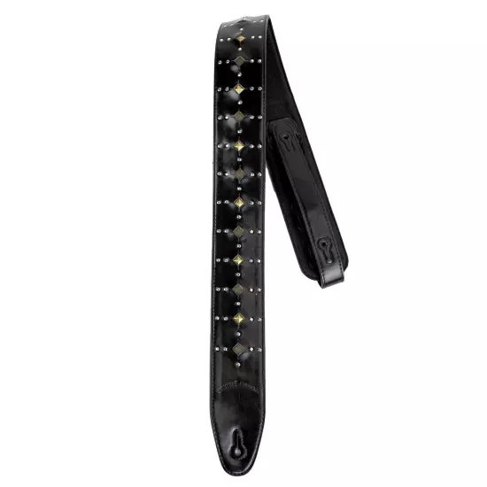 Walker & Williams GE-221 Black Leather Guitar Strap Inset Studs & Silver Rivets