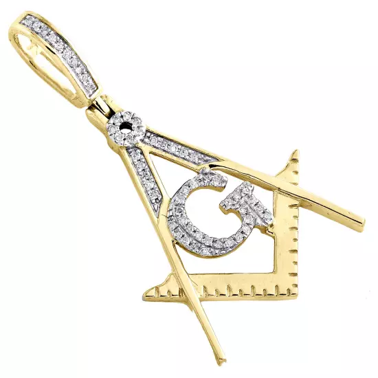 10K Yellow Gold Diamond Freemason Masonic Square & Compass Pendant Charm 1/8 CT.